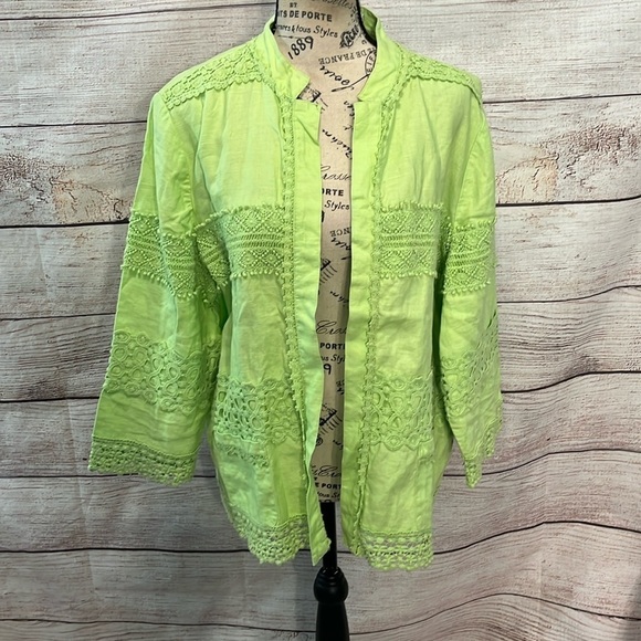 Chico’s Boho Linen Jacket Open Front Lace Trim Chicos Size 3 = XL Lime Green - Picture 1 of 9